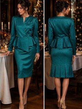 Vintage Pia Racci Teal Peplum Jacket Skirt Suit 2 Pc Sz 6 pleats occasion wear